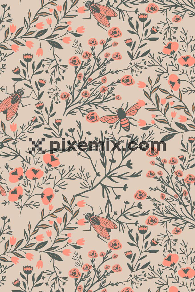 Doodle florals and bee product graphic with seamless repeat pattern