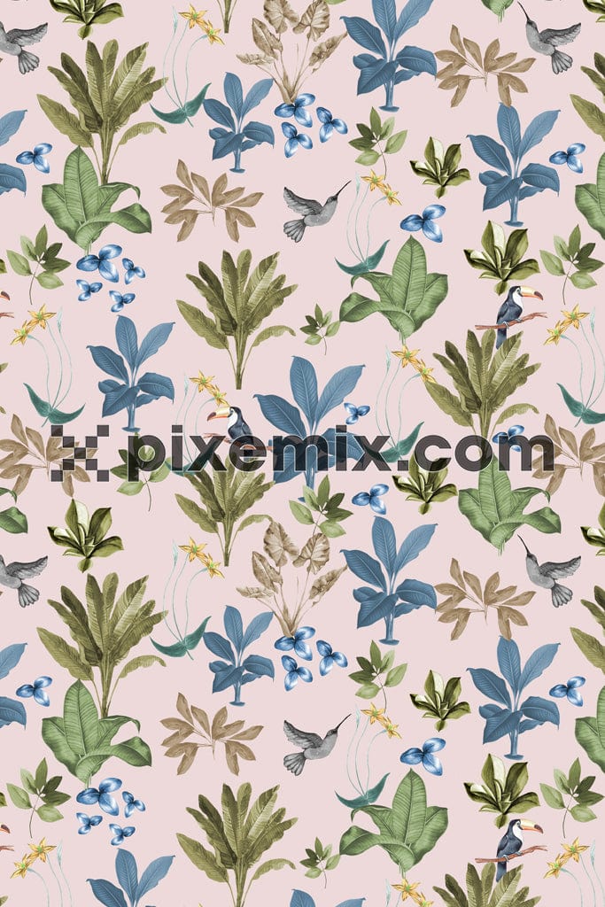 Digital leaves and birds product graphic with seamless repeat pattern