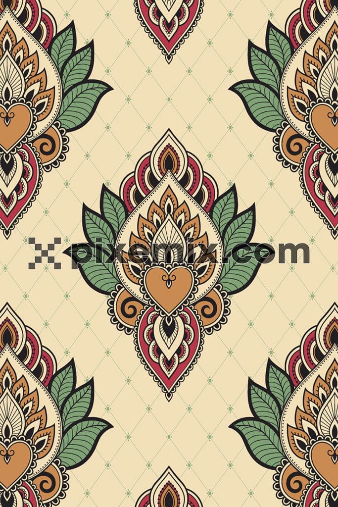 Paisley fleaves and jali product graphic with seamless repeat pattern