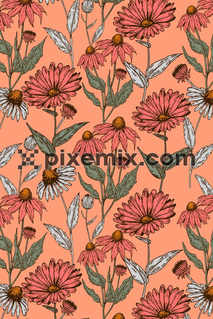 Vintage florals and leaves product graphic with seamless repeat pattern