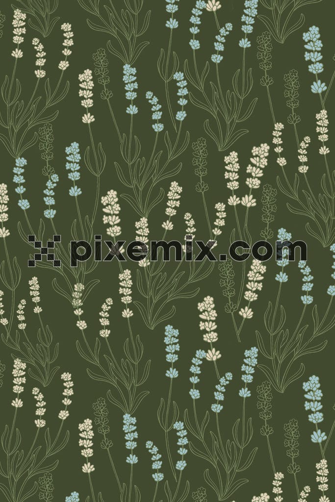 Lineart leaves and florals product graphic with seamless repeat pattern