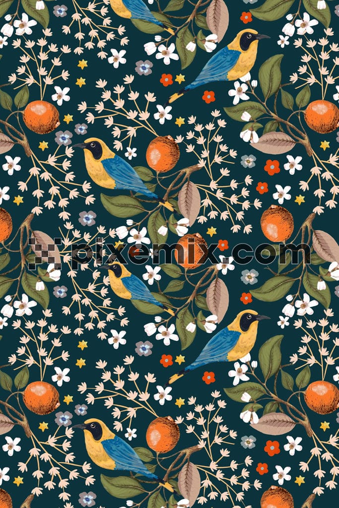 Tropical birds and florals product graphic with seamless repeat pattern