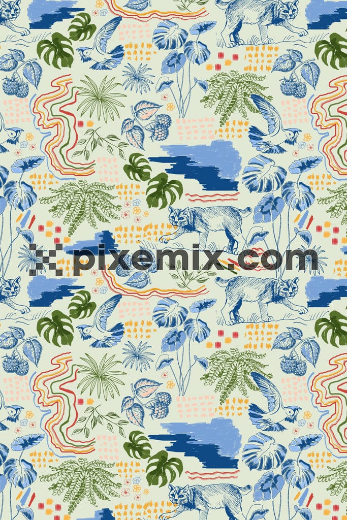 Doodle art inspired tropical forest with animals product graphic with seamlss repeat pattern