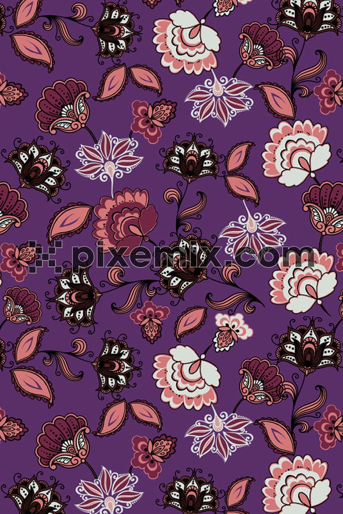 Pop art inspired persian florals product graphic with seamless repeat pattern