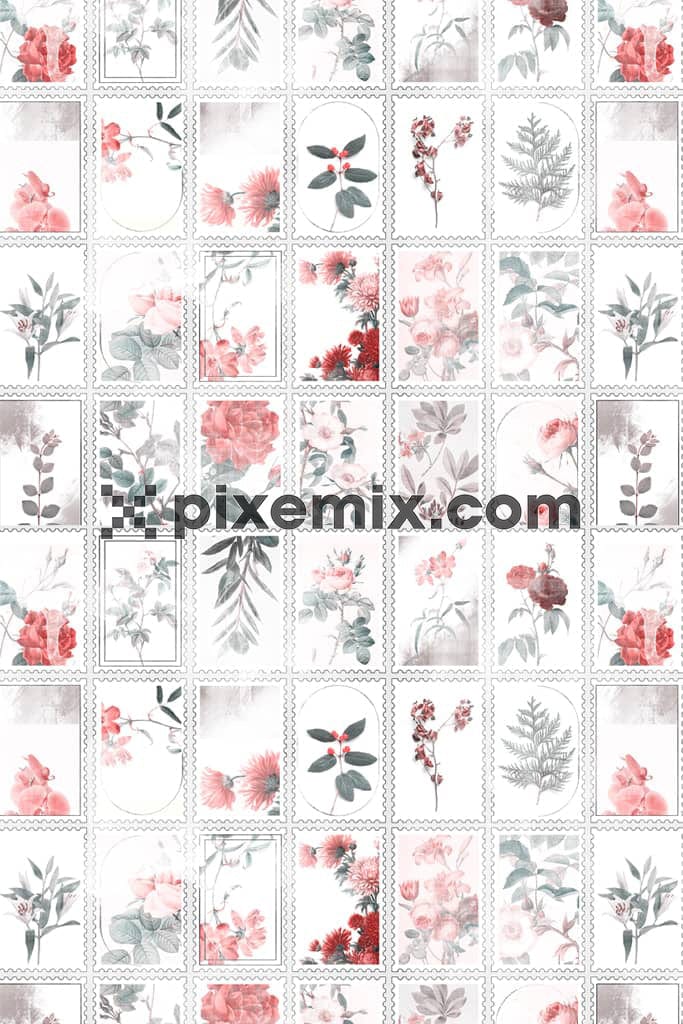 Vintage florals post card product graphic with seamless repeat pattern