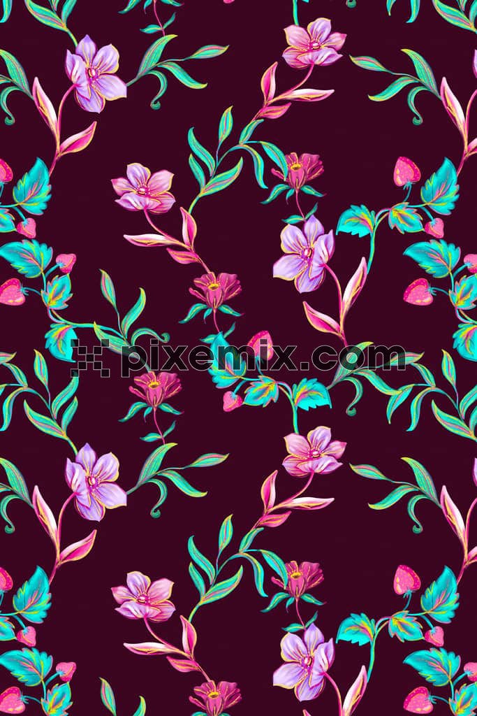Popart inspired digital florals and leaves product graphic with seamless repeat pattern