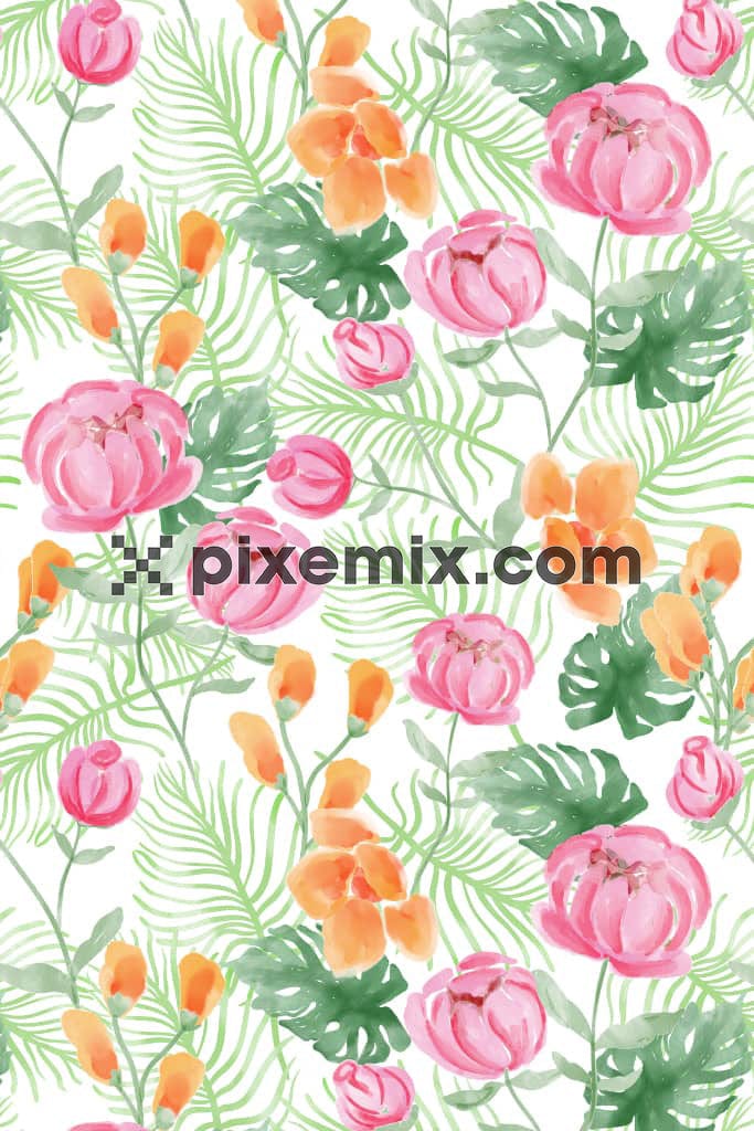 Watercolor florals and leaves product graphic with seamless repeat pattern