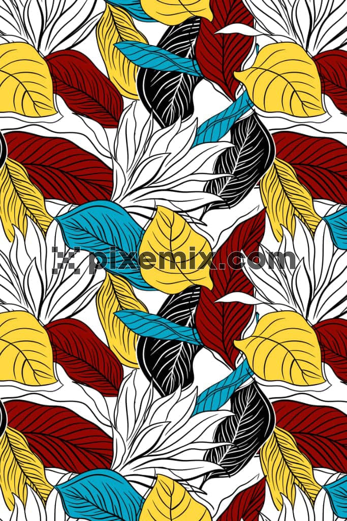 Colorful leaves and lineart product graphic with seamless repeat pattern