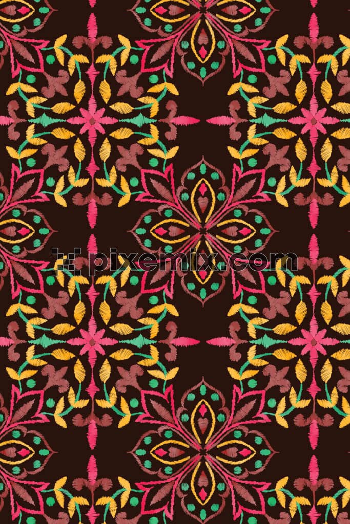 Ikkat art inspired colourful florals product graphic with seamless repeat pattern