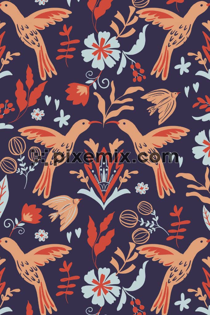 Doodle florals and birds product graphic with seamless repeat pattern