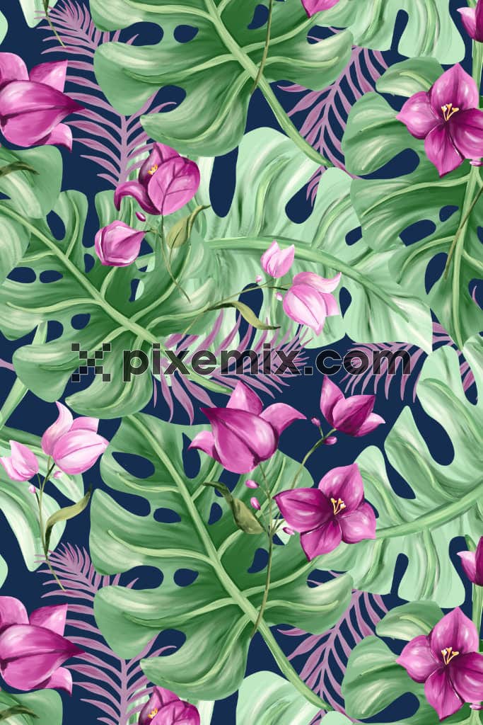 Monstera leaves with florals product graphic with seamless repeat pattern