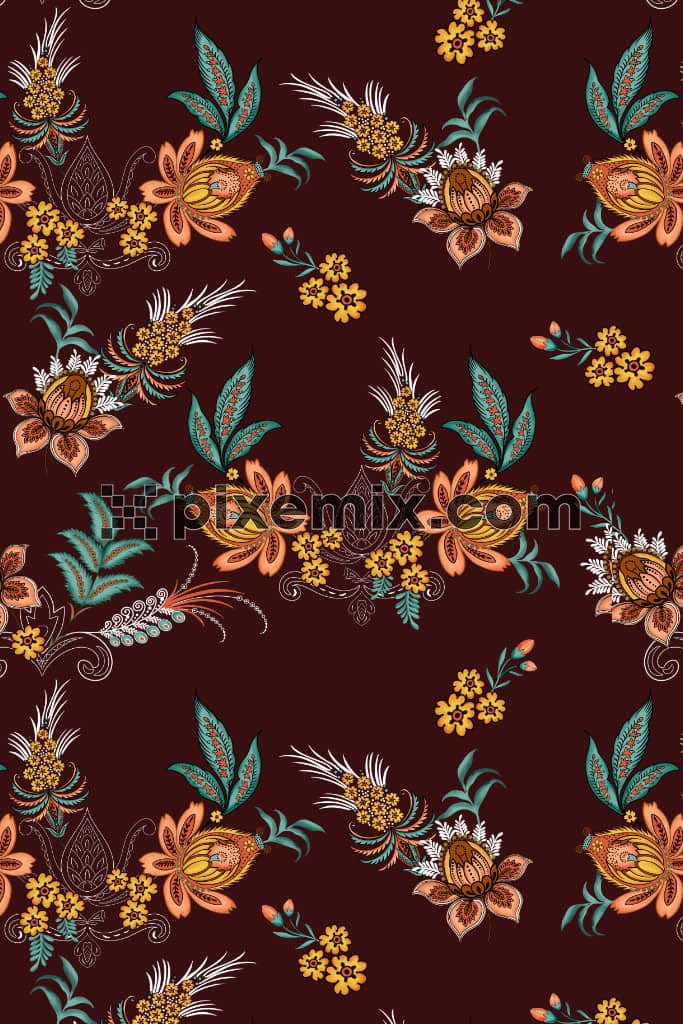 Paisley florals and leves product graphic with seamless repeat pattern