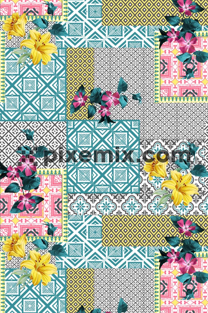 Mix and match art inspired abstract stripe and florals product graphic with seamless repeat pattern