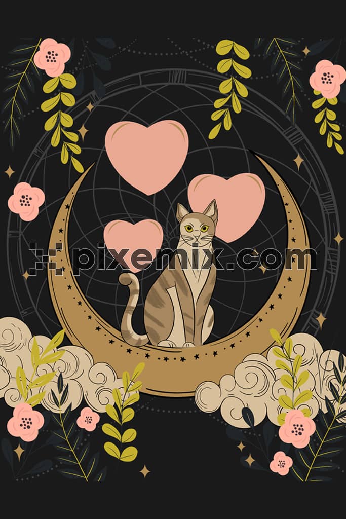 Cartoon cat with moon product graphic with seamless repeat pattern