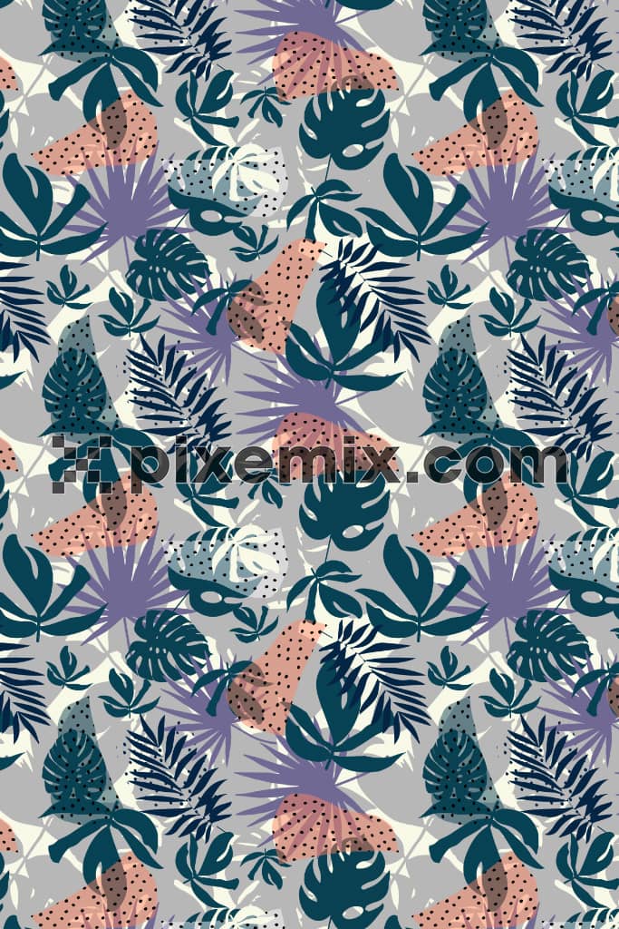 Tropical leaves and abstract shape product graphic with seamless repeat pattern
