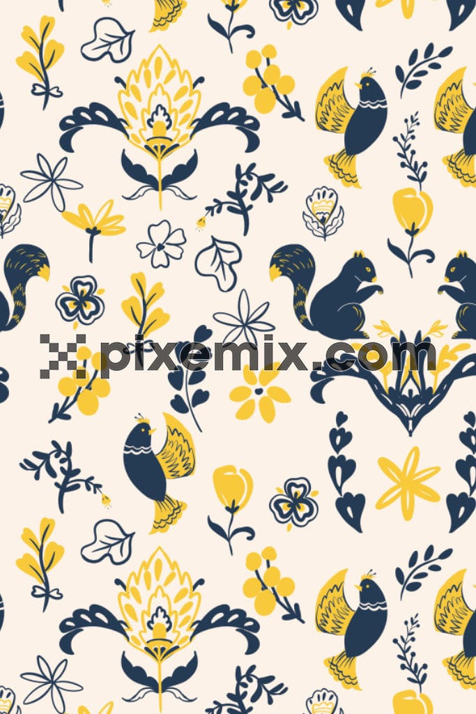 Doodle florals and animal product graphic with seamless repeat pattern
