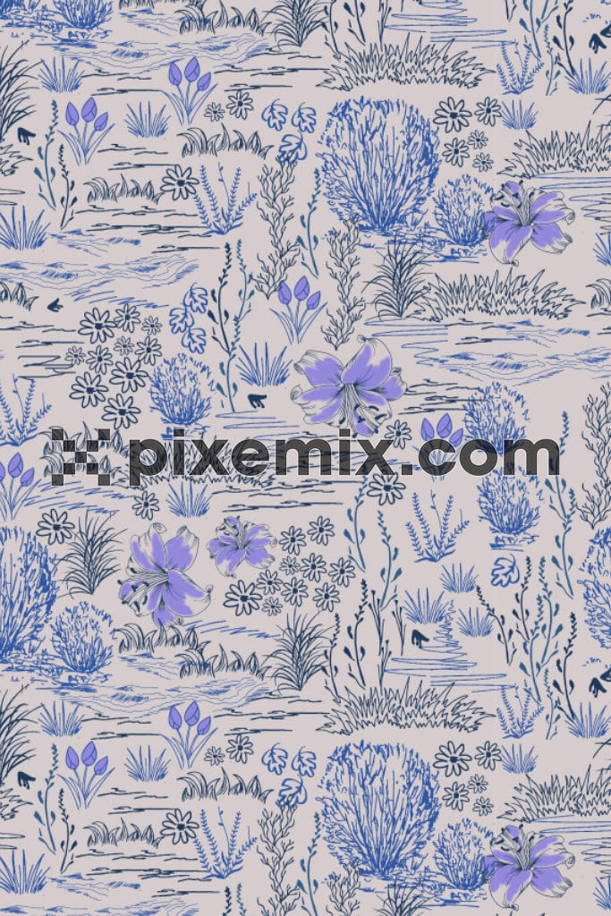 Lineart leaves and florals product graphic with seamless repeat pattern