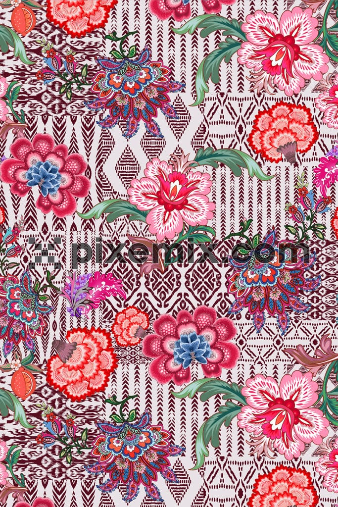 Ikkat art inspiredd florals and leaves product graphic with seamless repeat pattern