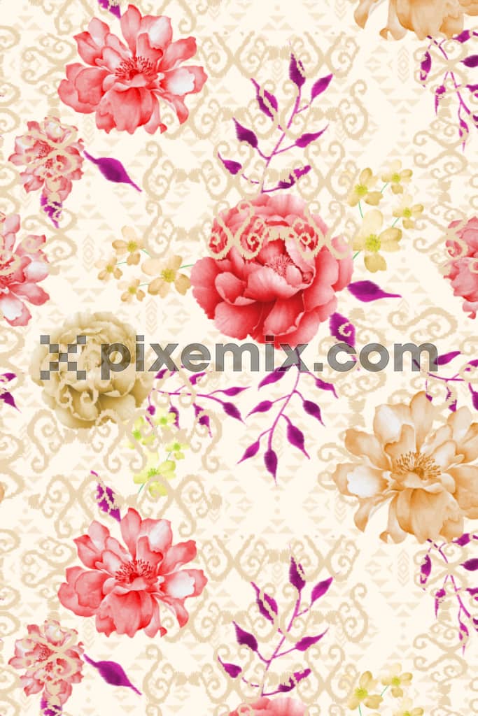Ikkat art inspired watercolor florals product graphic with seamless repeat pattern
