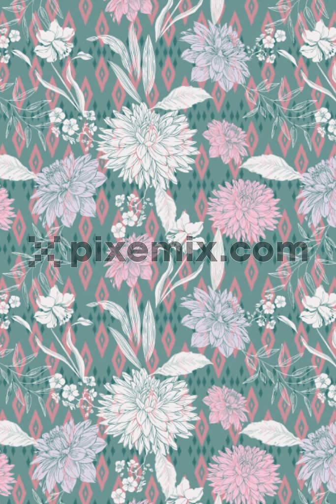 Ikkat art inspired florals product graphic with seamless repeat pattern