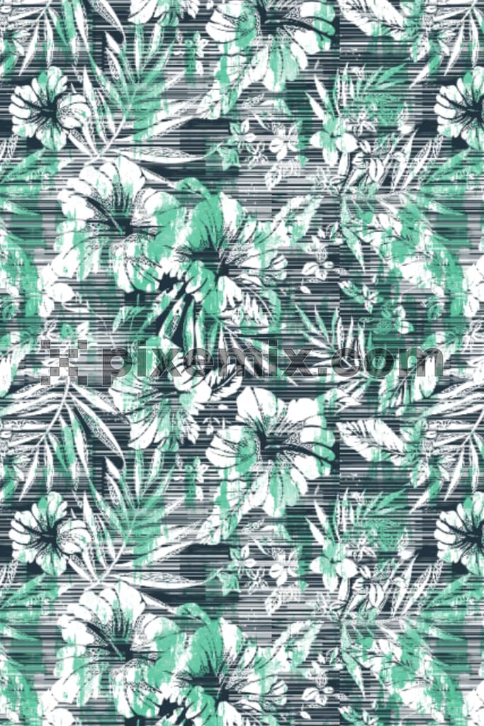 Tie-dye art inspired monochrome florals and leaves product graphic with seamless repeat pattern