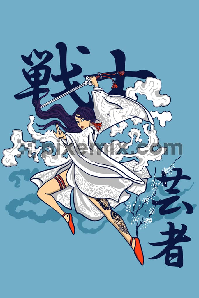 Oriental art inspired anime with typography product grapic