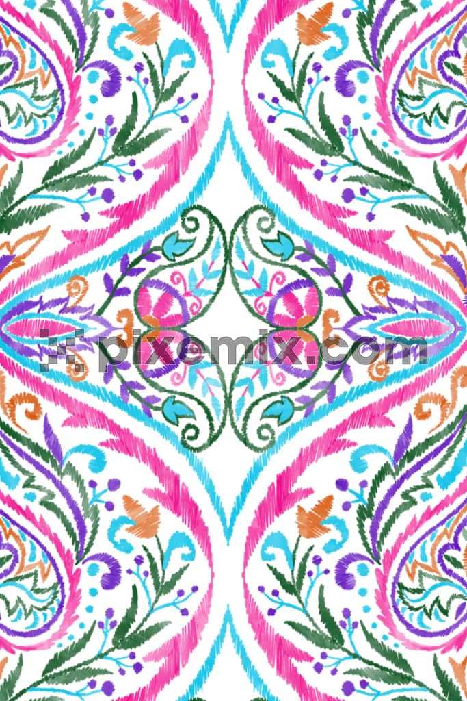 Ikkat art inspried paisley florals and leaves product graphic with seamless repeat pattern