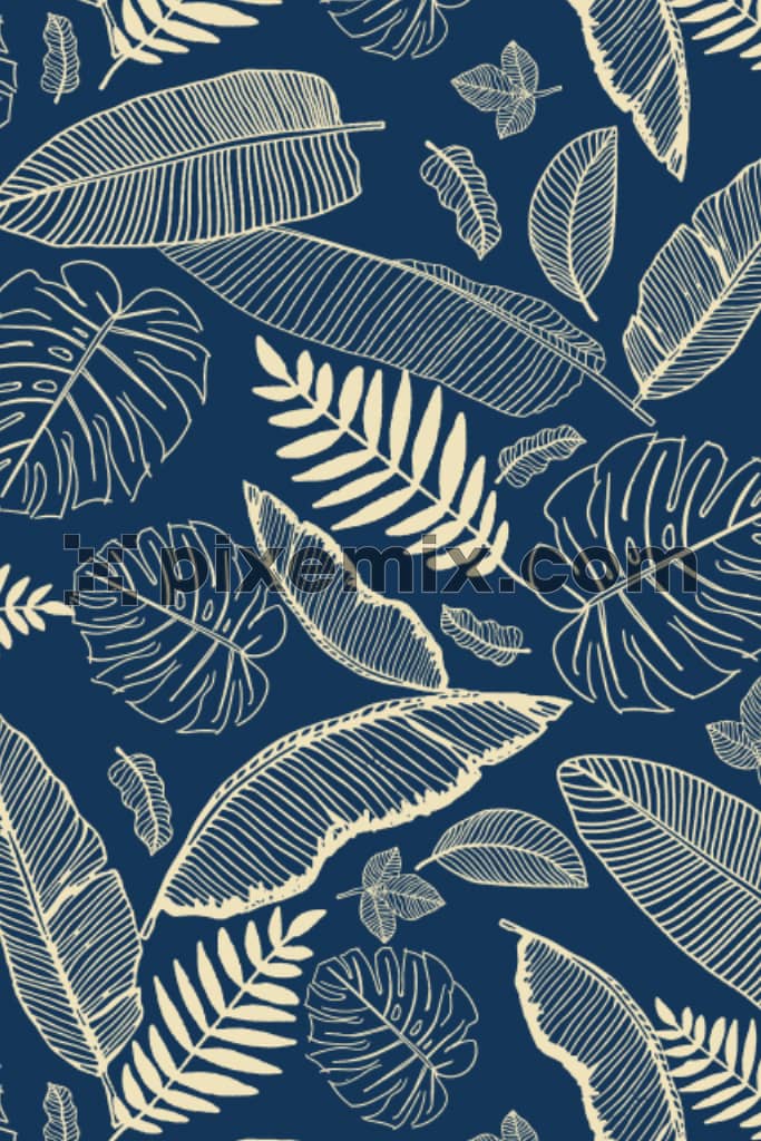 Lineart leaves product graphic with seamless repeat pattern