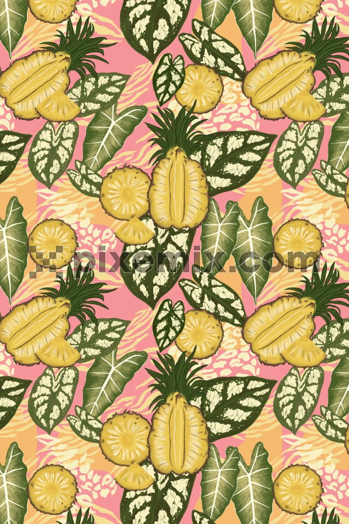 Summer inspired pineapple and leaves product graphic with seamless repeat pattern