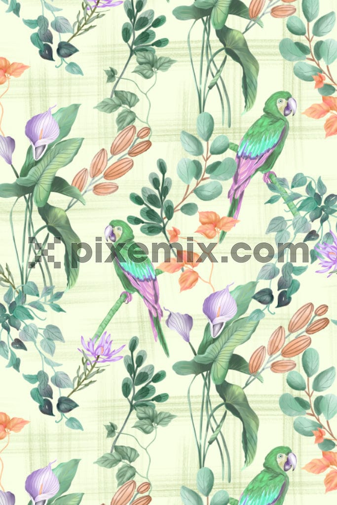 Tropical parrot and leaves product graphic with seamless repeat patern