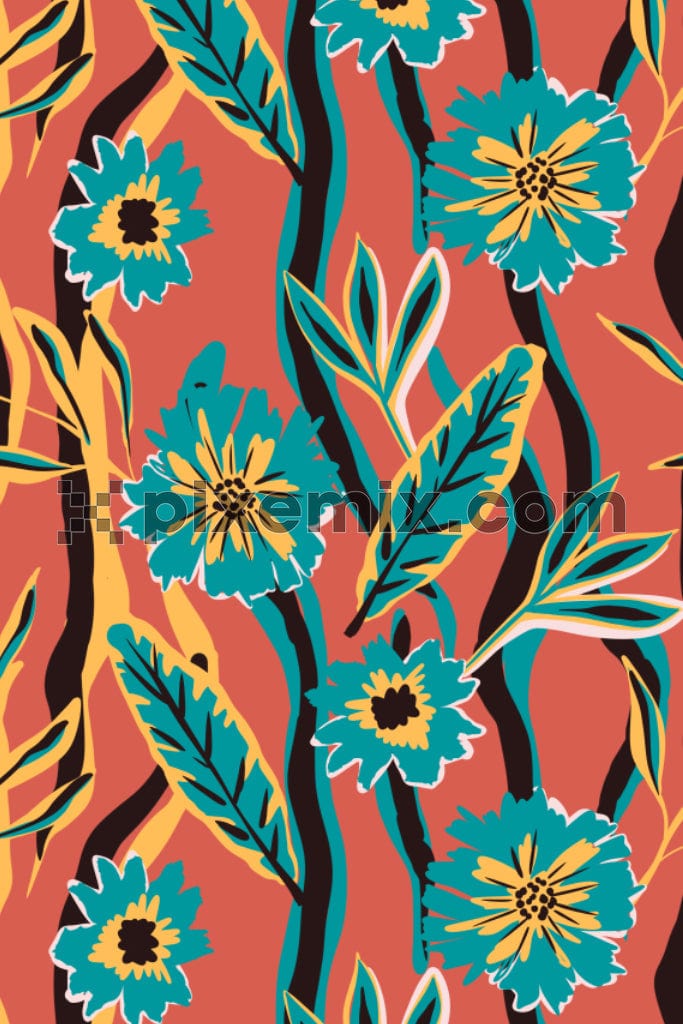 Abstract florals and leaves product graphic with seamless repeat pattern