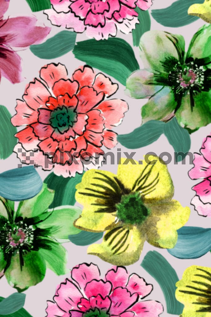 Watercolro florals and leaves product graphic with seamless repeat pattern