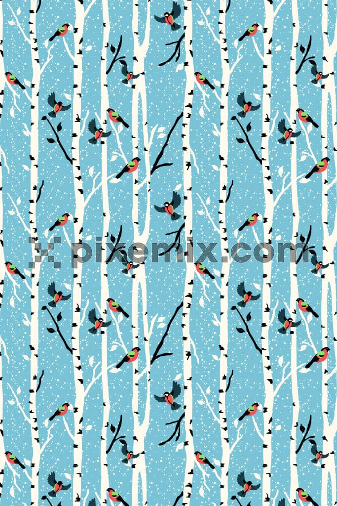 Monochrome tree and birds product graphic with seamless repeat pattern