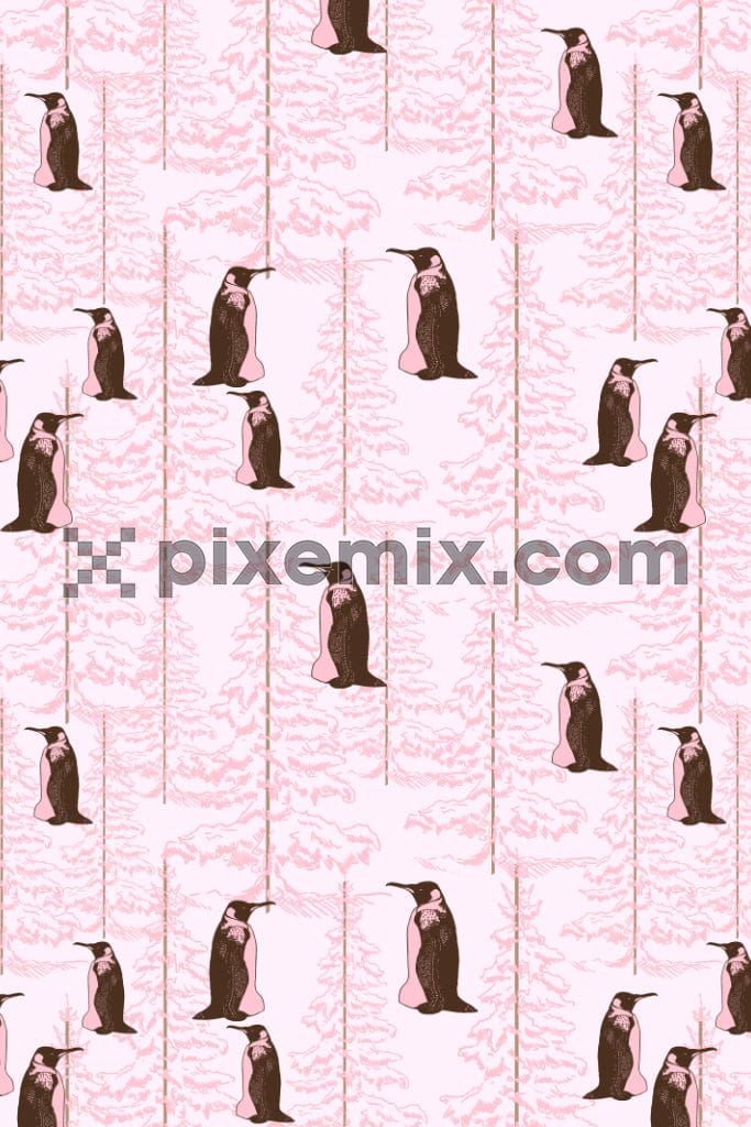 Lineart tree and penguin product graphic with seamless repeat pattern
