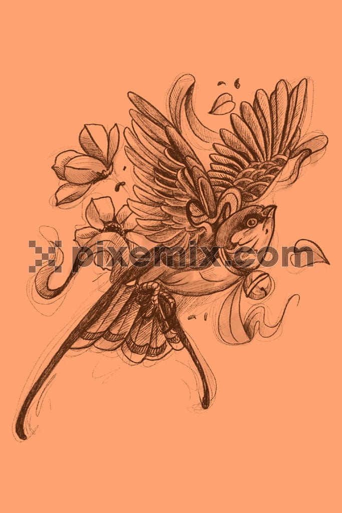 Lineart bird and florals product graphic 