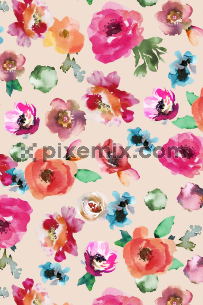 Watercolor brush stroke floral and leaves product graphic with seamless repeat pattern
