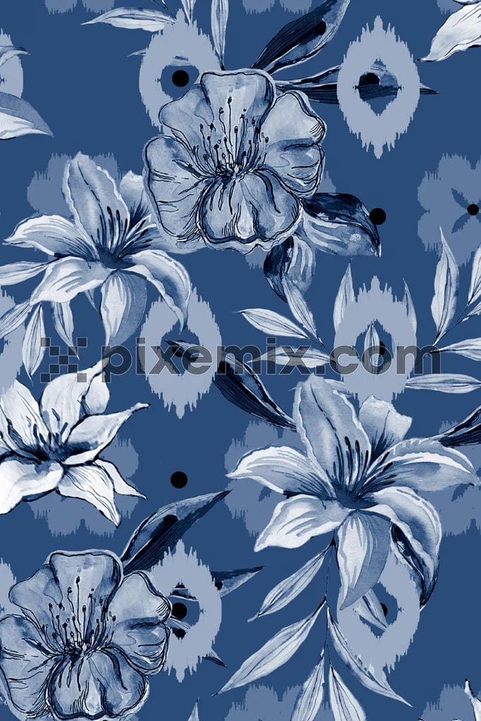 Monochrome art inspired florals and leaves product graphic with seamless repeat pattern