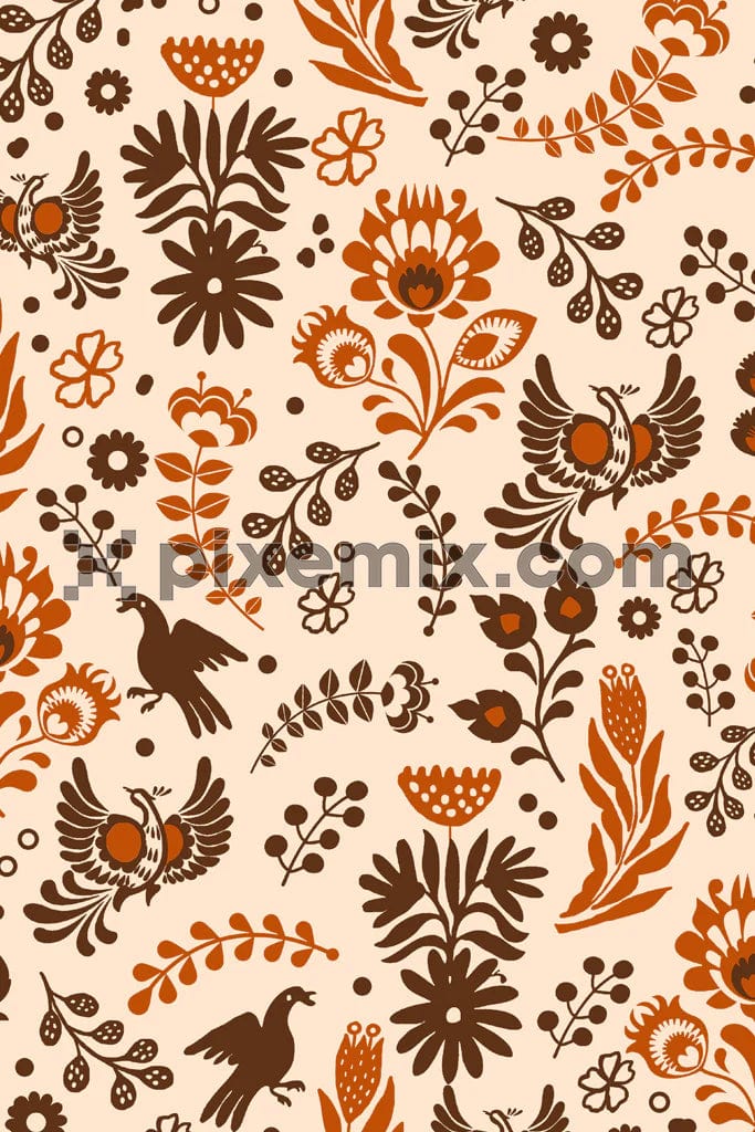 Vector floras and birds product graphic with seamless repeat pattern
