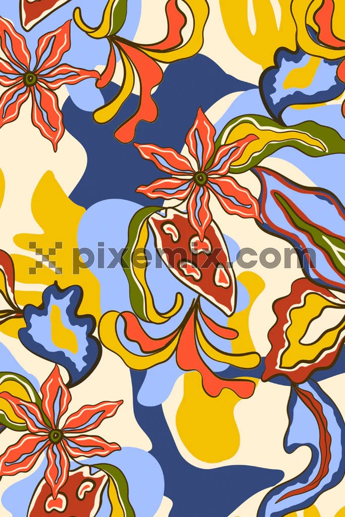 Abstract shape and florals art product graphic with seamless repeat pattern
