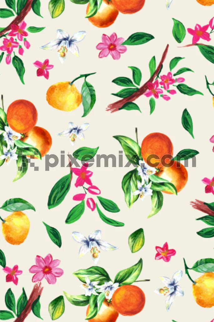 Digital fruits and florals product graphic with seamless repeat pattern