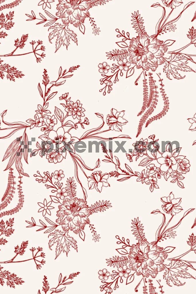 Lineart florals and leaves product graphic with seamless repeat pattern