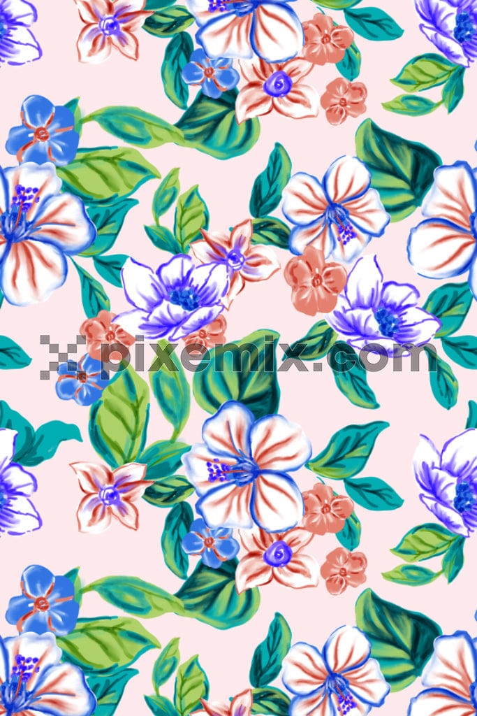 Digital art inspired watercolor florals and leaves product graphic with seamless repeat pattern