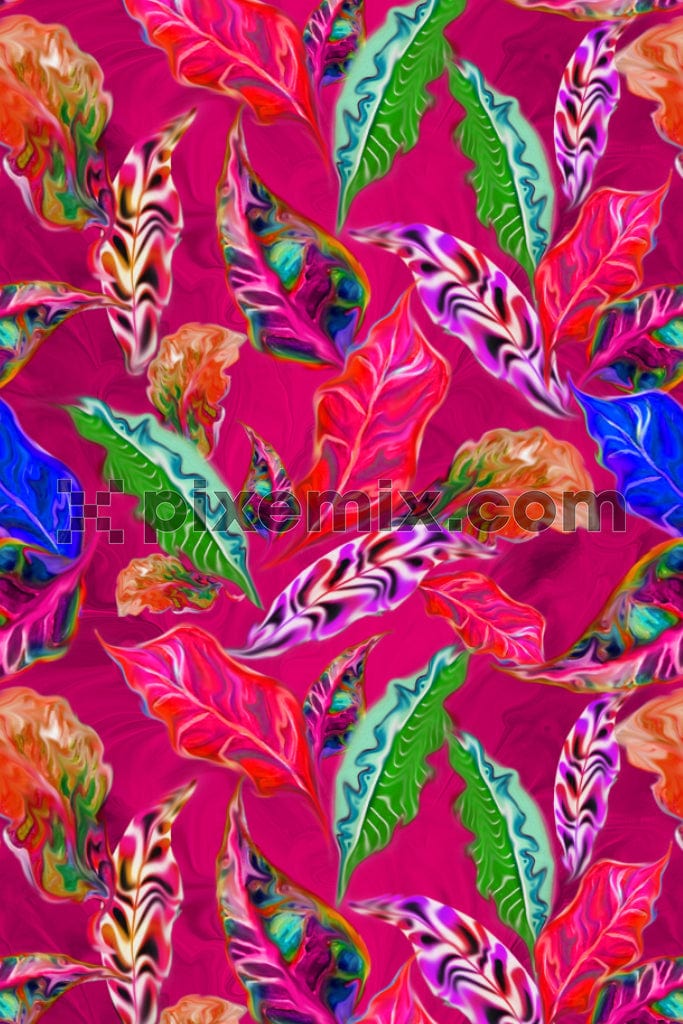 Liquify art inspired tropical leaves product graphic with seamless repeat pattern
