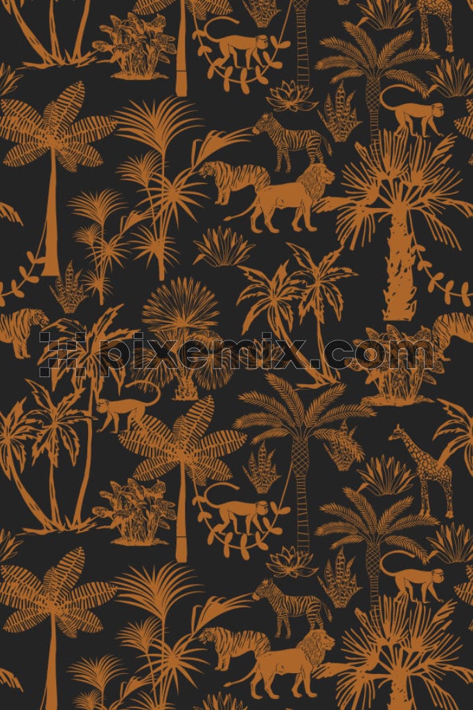 Monochrome tropical plant and animal product graphic with seamless repeat pattern