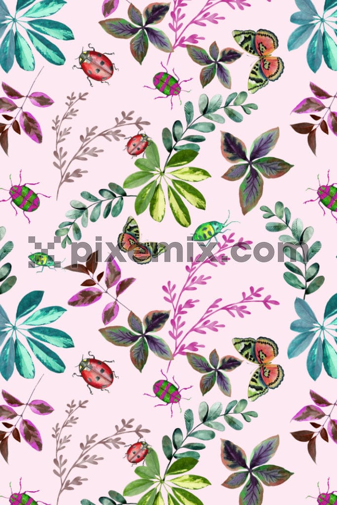 Watercolor floral and incents product graphic with seamless repeat pattern