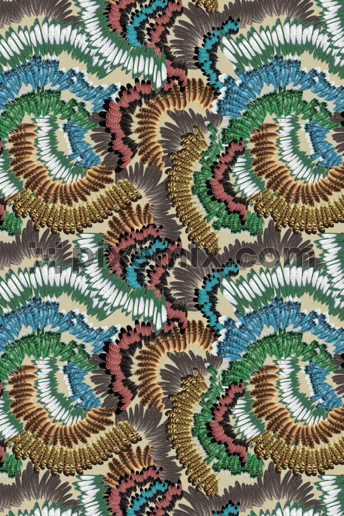 Boho art inspired abstract feathers product graphic with seamless repeat pattern