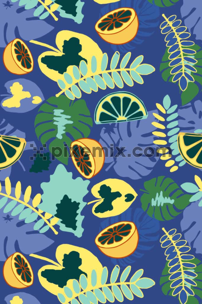 Doodle leaves and leamon product graphic with seamless repeat pattern