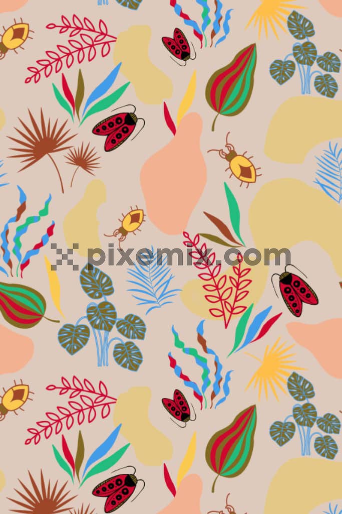 Doodle leaf and insects product graphic with seamless repeat pattern