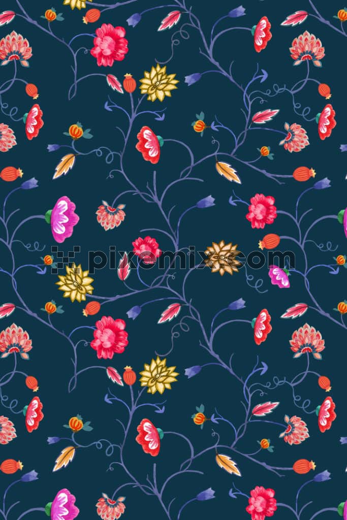 Kalamkari art inspired waterclor florals product gaphic with seamless repeat pattern