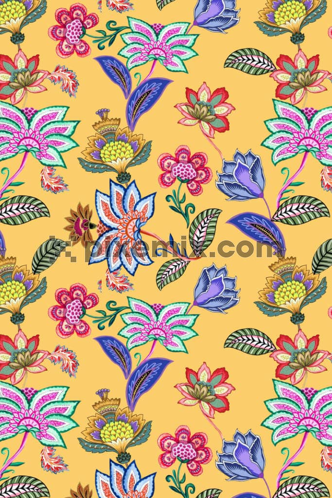 Kalamkari florals and leaves product graphic with seamless repeat pattern
